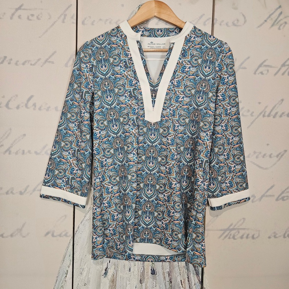 Peter Millar Blue Paisley Print V-Neck UPF 50+ Sun Protection Tunic Top Size S